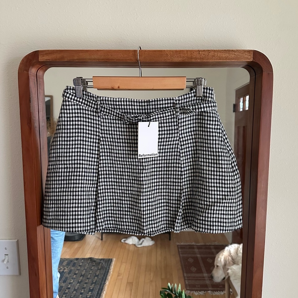 NEW Reformation Rory Linen Mini Skirt in Remy Check Black and White Women's 4